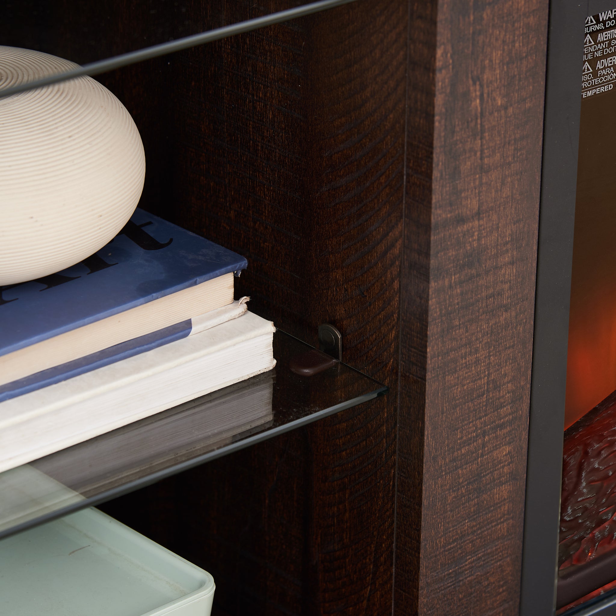 Anthony & Home electric fireplace TV stand with glass shelves, LED lighting, USB outlet, and modern studio collection design.