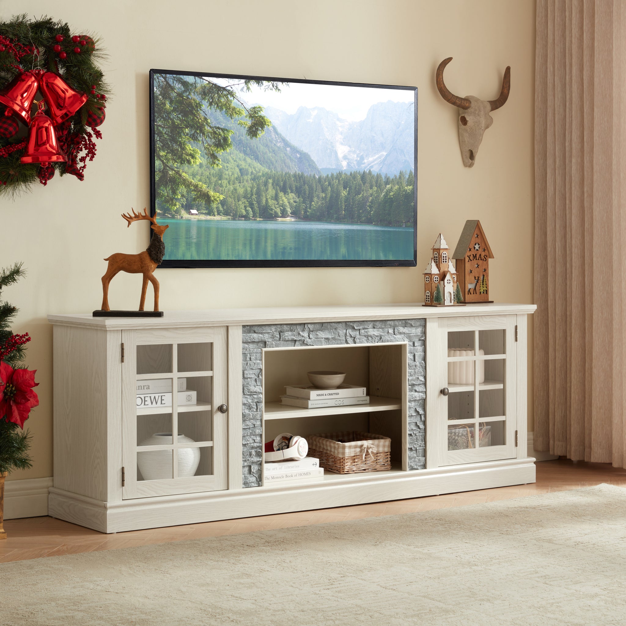 Anthony & Home Atelier White Faux Stone TV stand, 70-inch with 2 doors, modern media console for living room decor.