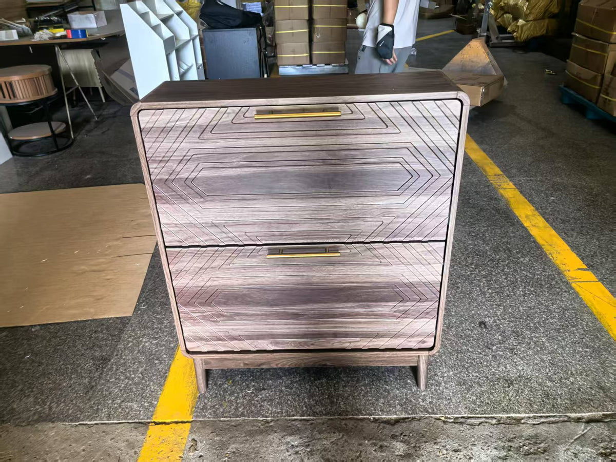 Walnut mid-century studio shoe cabinet by Anthony & Home with two flip-top drawers for stylish storage.
