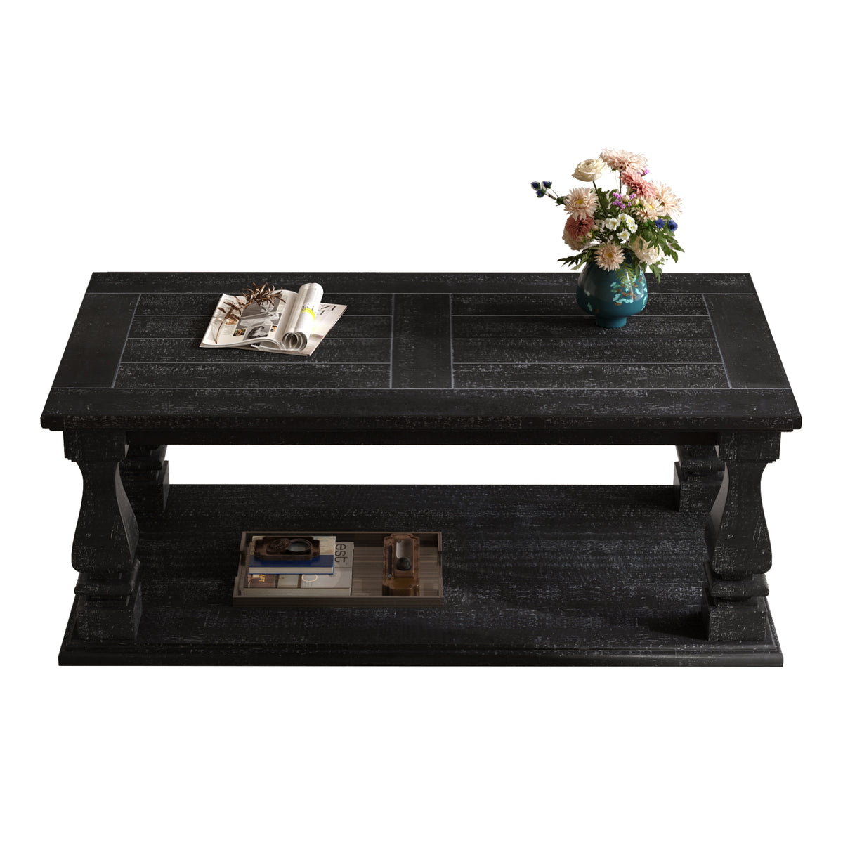 Weathered black farmhouse coffee table with heavy plank top, baluster legs, and storage shelf from Anthony & Home's Atelier Collection.