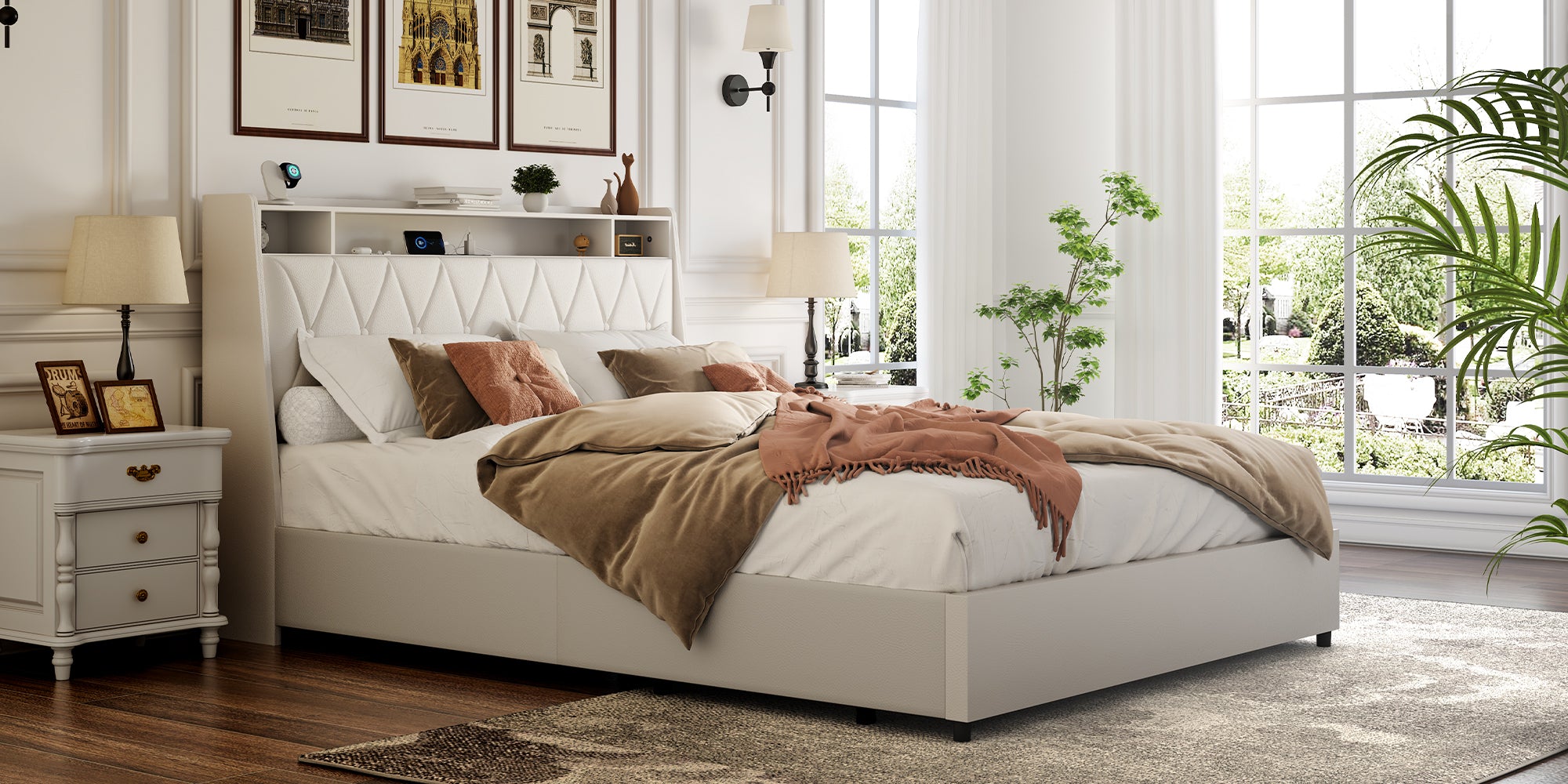 Queen platform bed frame with signature white faux leather upholstery by Anthony & Home, featuring a sleek modern design.