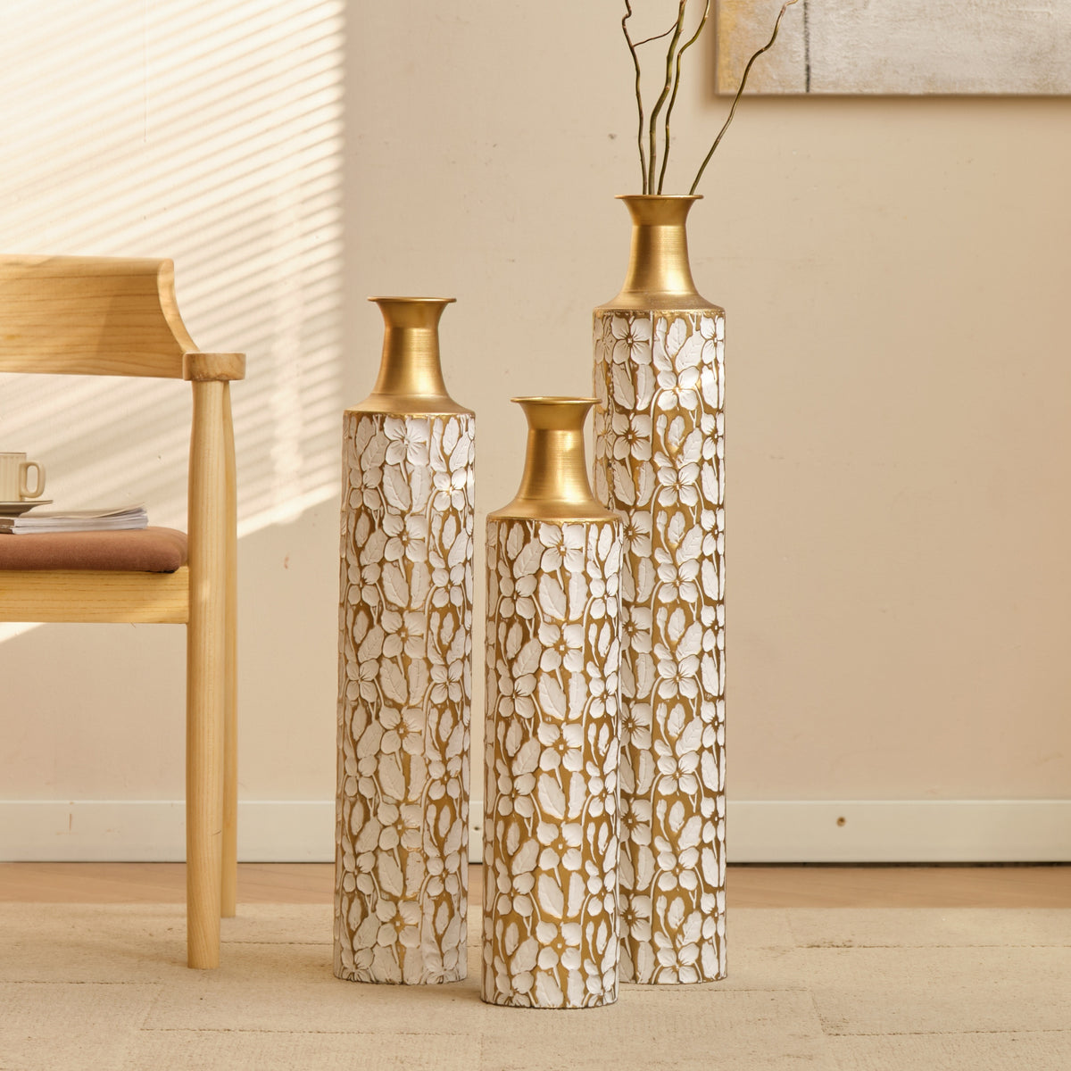 Heritage Collection Floor Vase Trio by Anthony & Home featuring elegant ceramic vases with intricate patterns and a rustic finish.