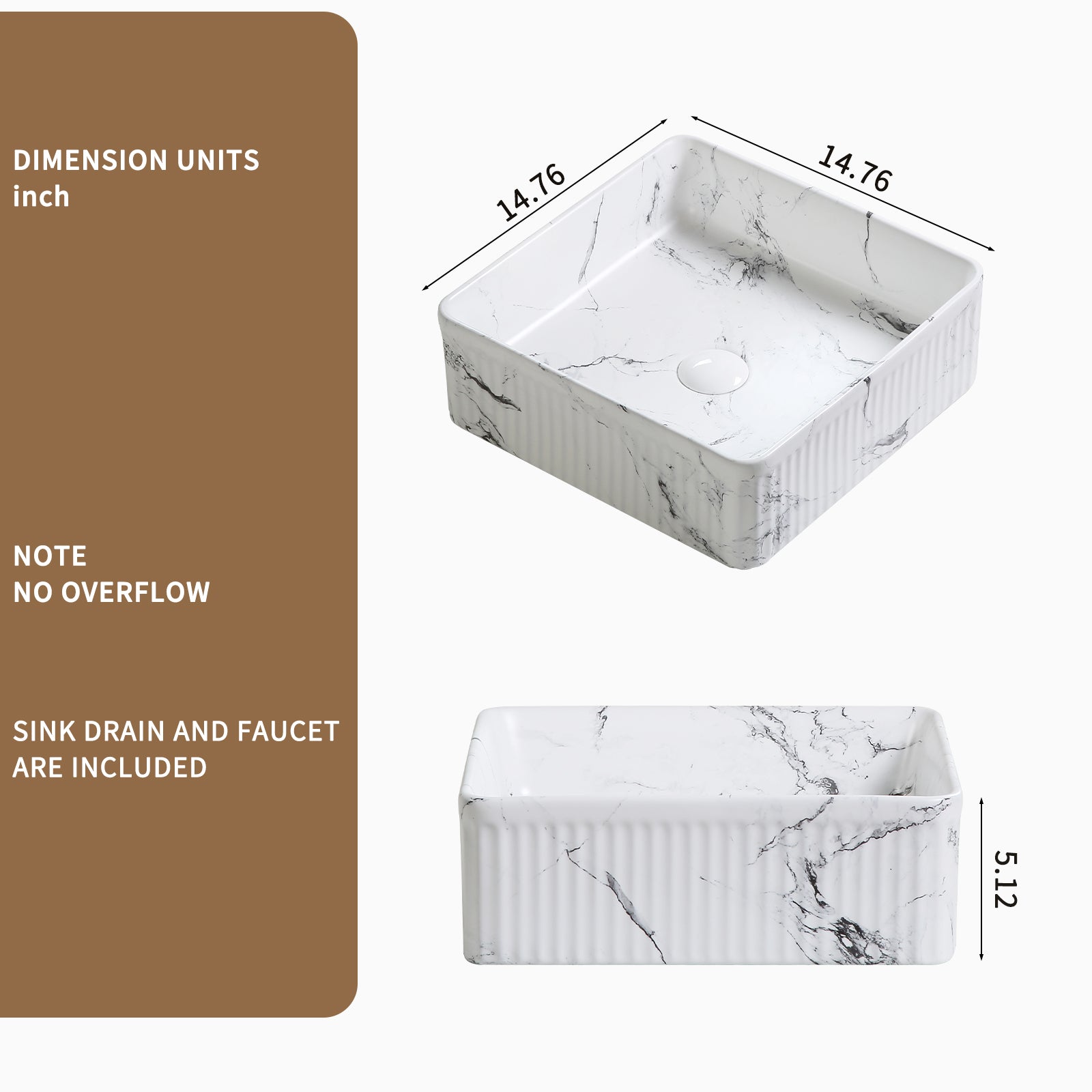 Black and white marble square vessel sink by Anthony & Home, round above-counter porcelain basin for bathroom vanity or lavatory.
