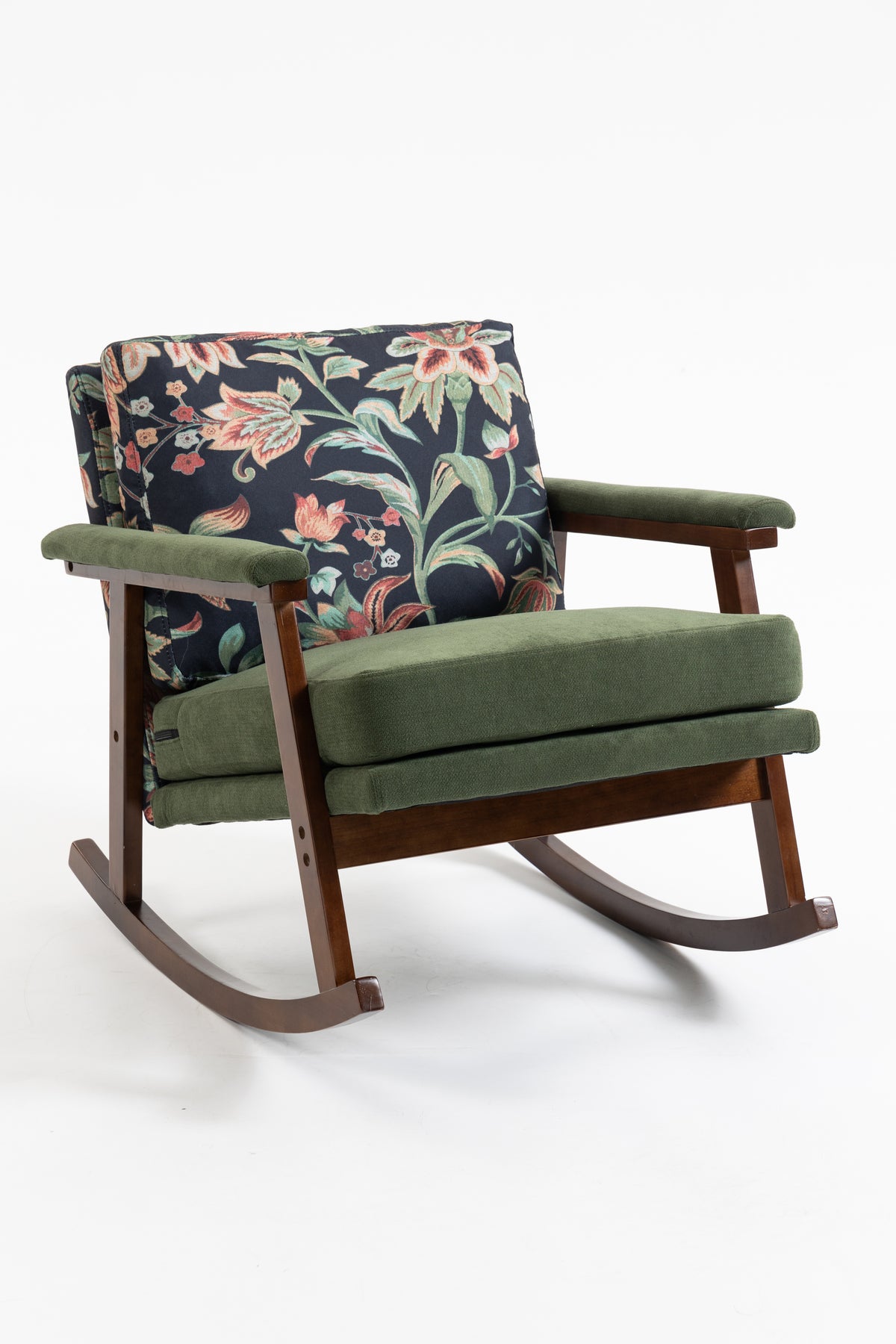 Walnut frame mid-century modern studio rocking chair by Anthony & Home, showcasing a sleek wooden design and comfortable curved seat.