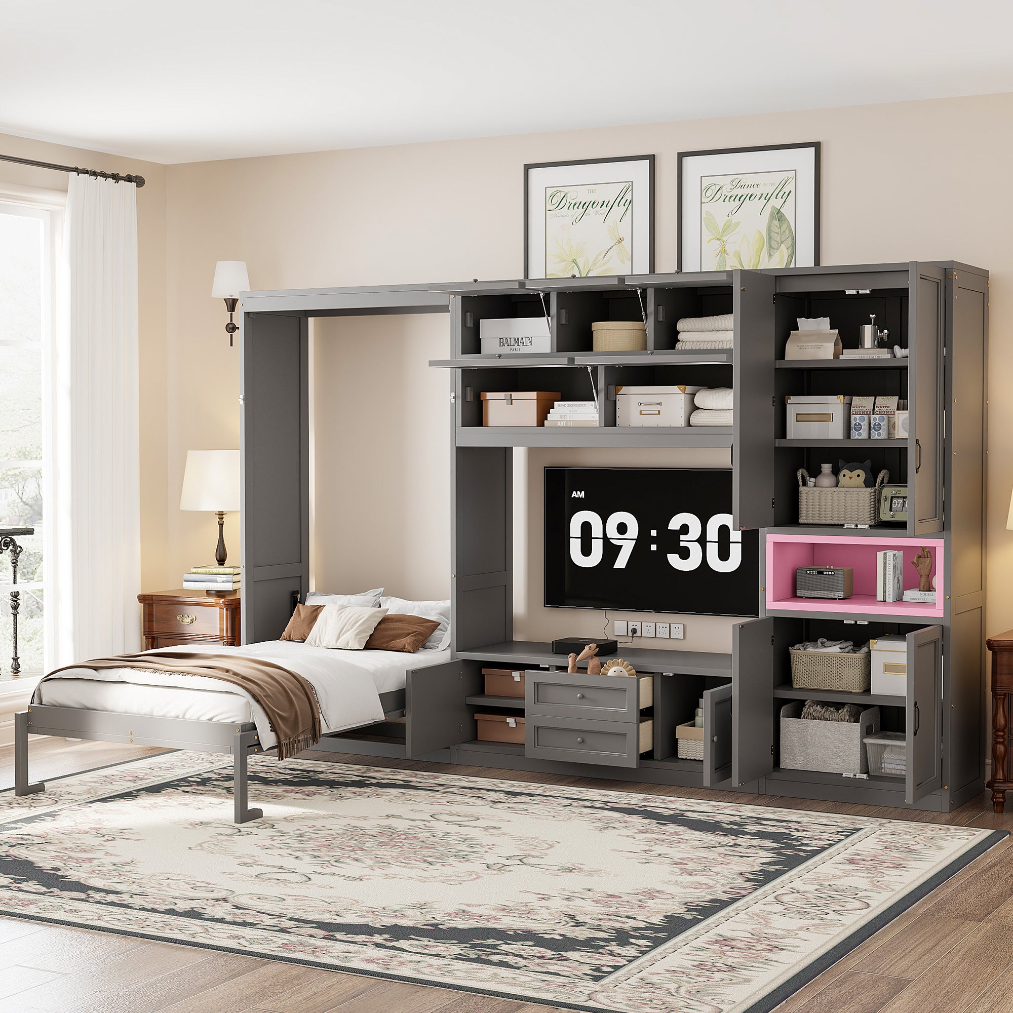 Gray solid wood Atelier Murphy Bed TV stand with drawers, stylish Anthony & Home furniture for bedroom or living room.