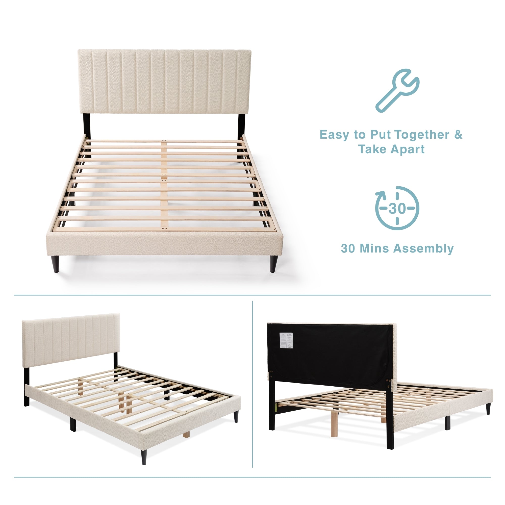 Cream boucle queen platform bed with tufted headboard and midcentury style, featuring Anthony & Home branding.
