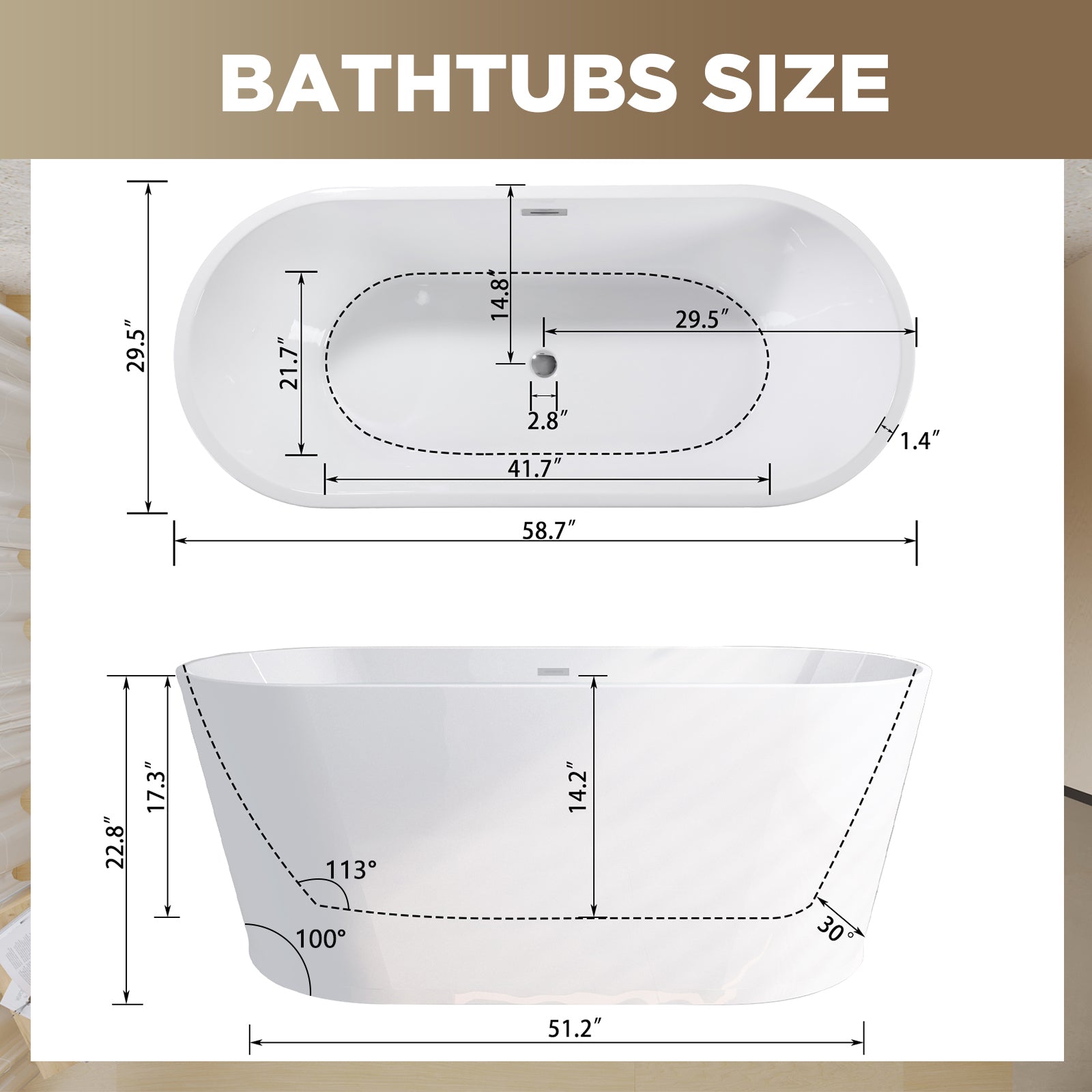 Glossy white acrylic freestanding soaking tub by Anthony & Home with ergonomic design and smooth, modern finish.