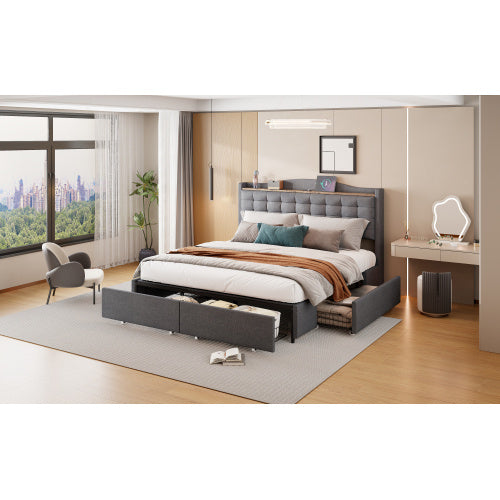 Grey Linen Upholstered Bed Frame 160x200 cm USB Nightstand