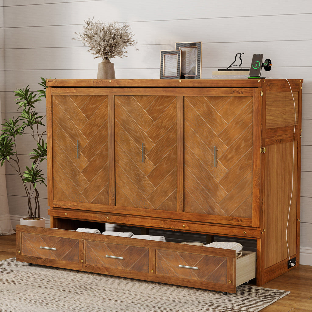 Queen size Walnut Murphy bed cabinet with USB charging and geometric panel, from Anthony & Home Studio Collection.