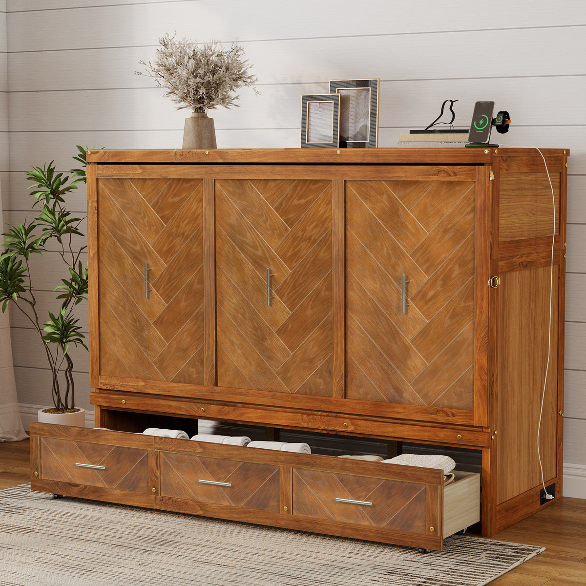 Queen size Walnut Murphy bed cabinet with USB charging and geometric panel, from Anthony & Home Studio Collection.