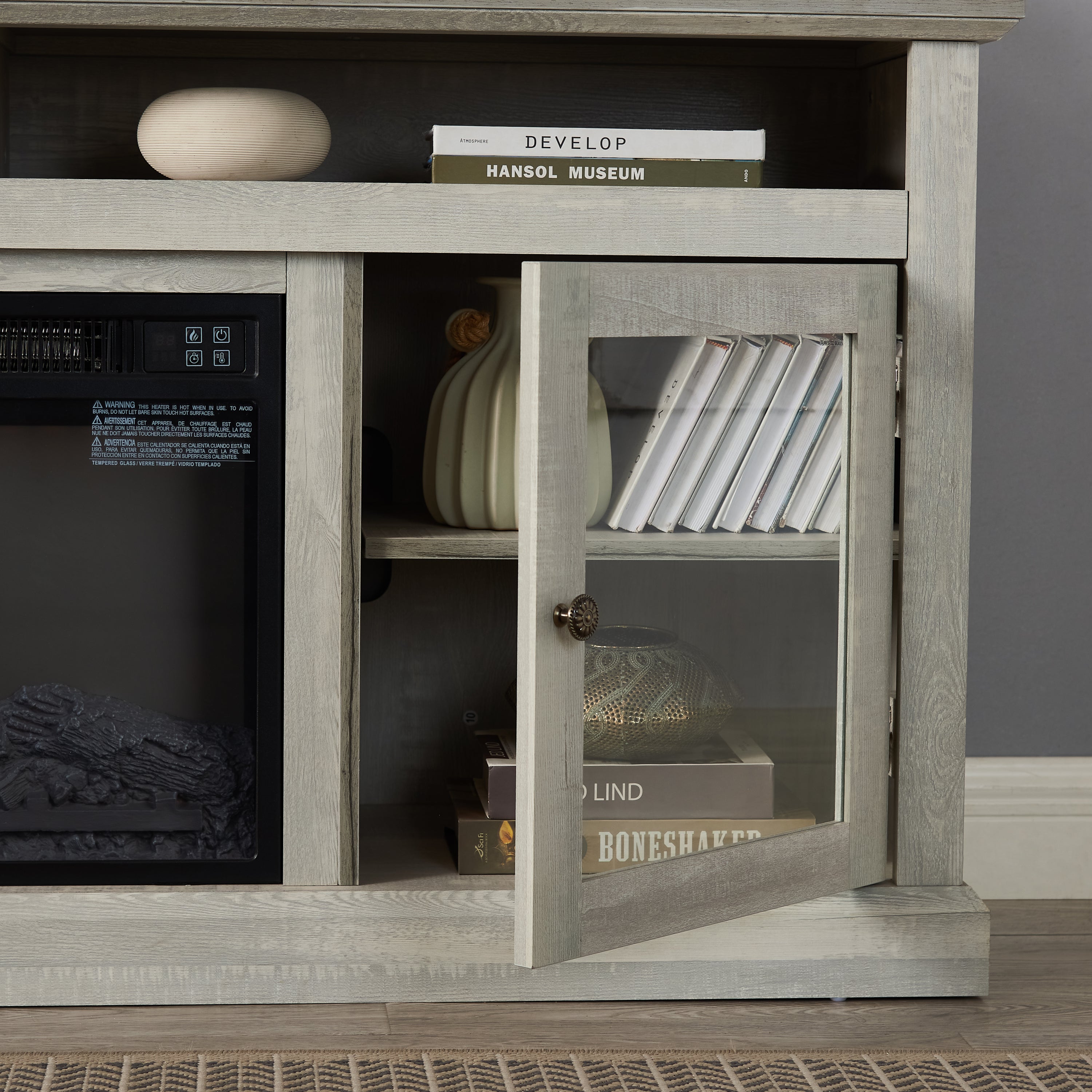 Anthony & Home Atelier Stone Gray TV console with dual storage, showcasing sleek modern design and ample space for media devices.