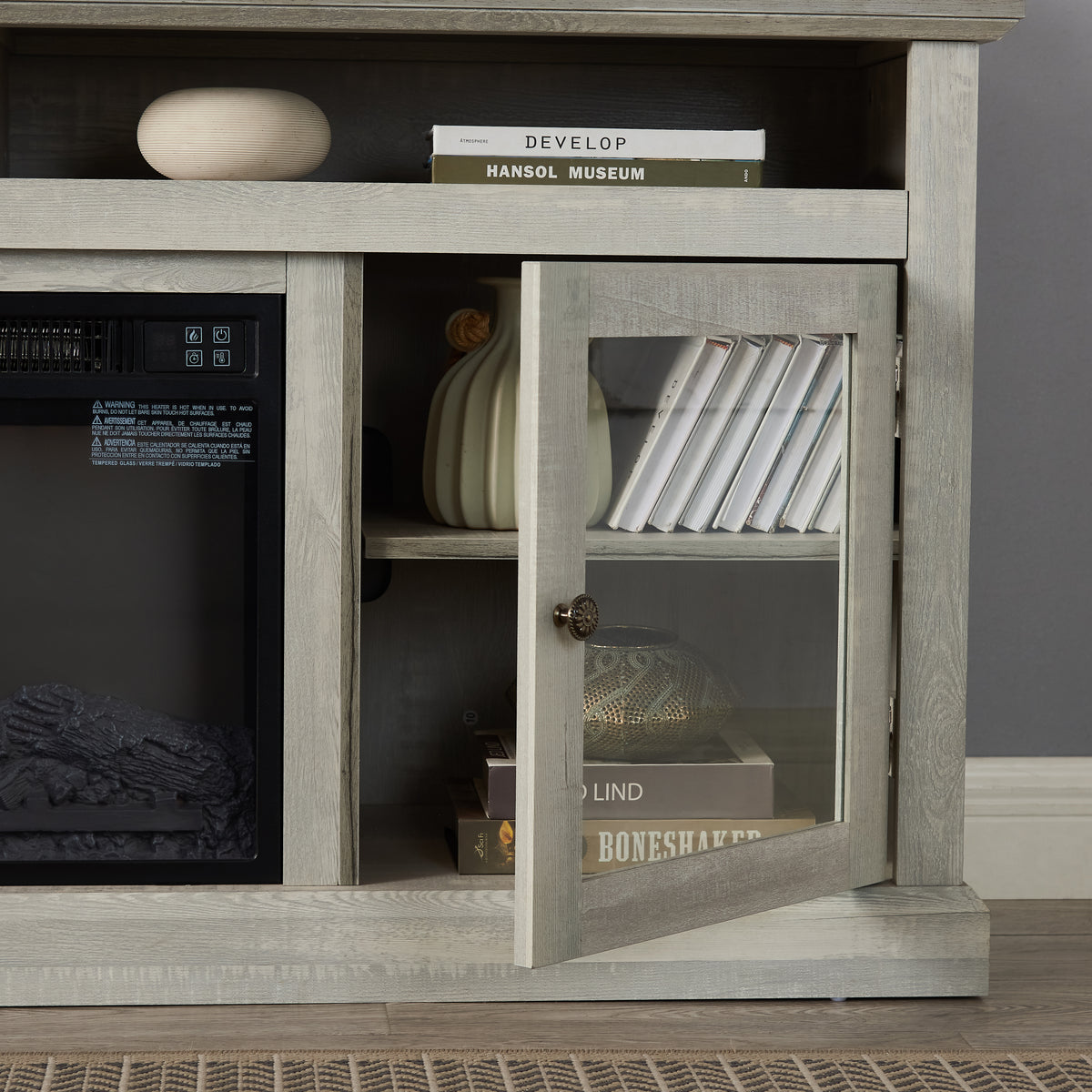 Stone gray finish Anthony & Home Studio TV media console with built-in fireplace, showcasing sleek modern design and ample storage space.