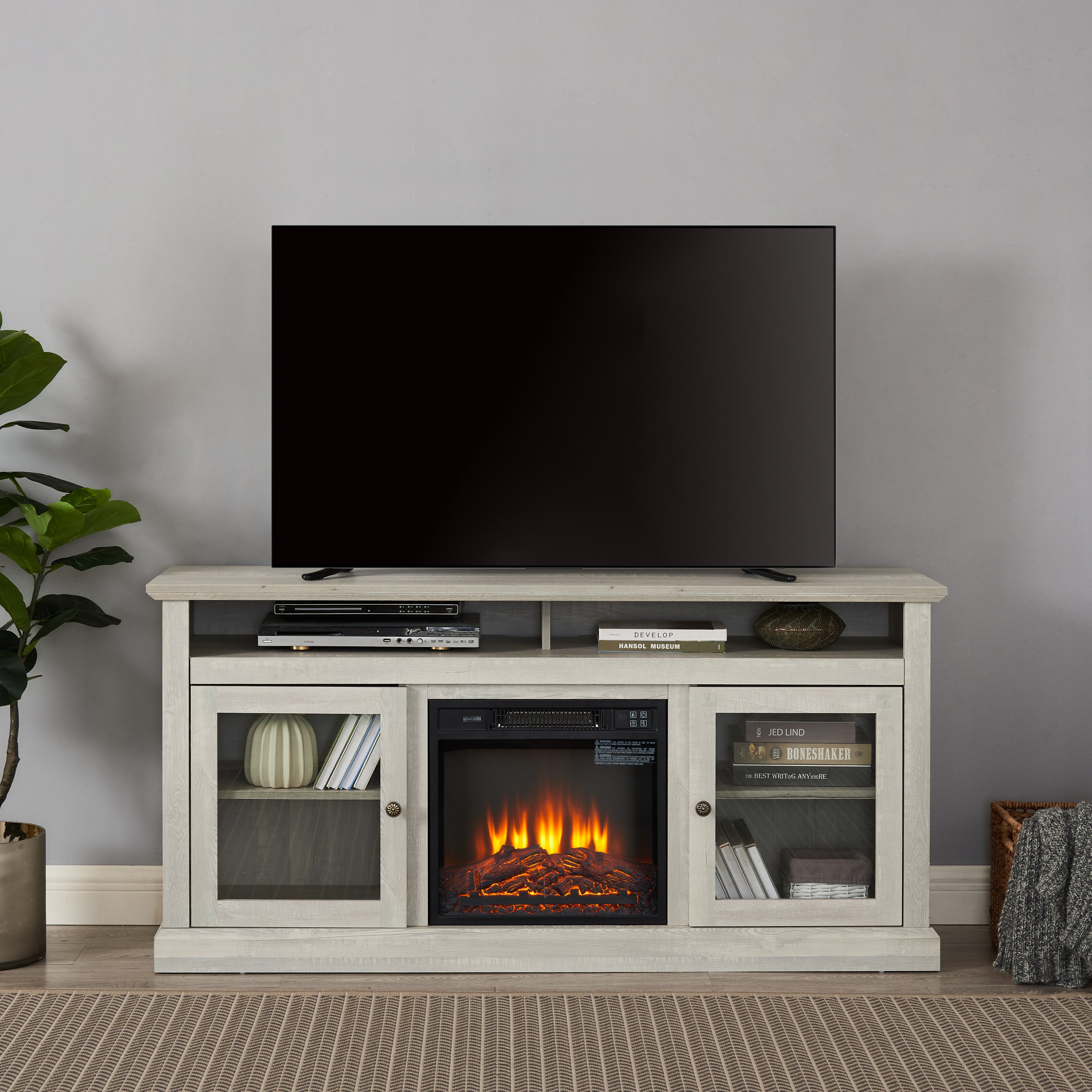 Contemporary Anthony & Home media stand with open and closed storage, stone gray finish, 60-inch width, and built-in 18-inch fireplace insert