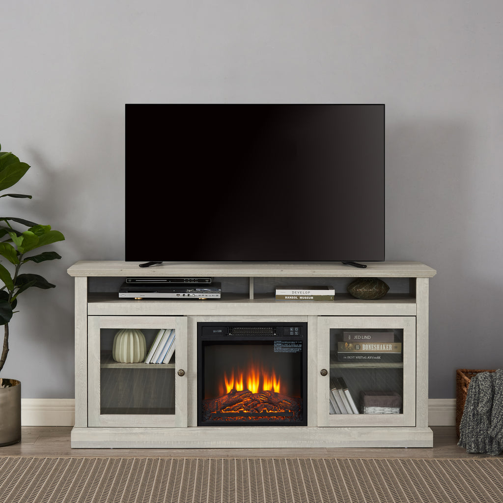 Stone gray finish studio TV media console with fireplace, showcasing modern design and built-in heating feature by Anthony & Home