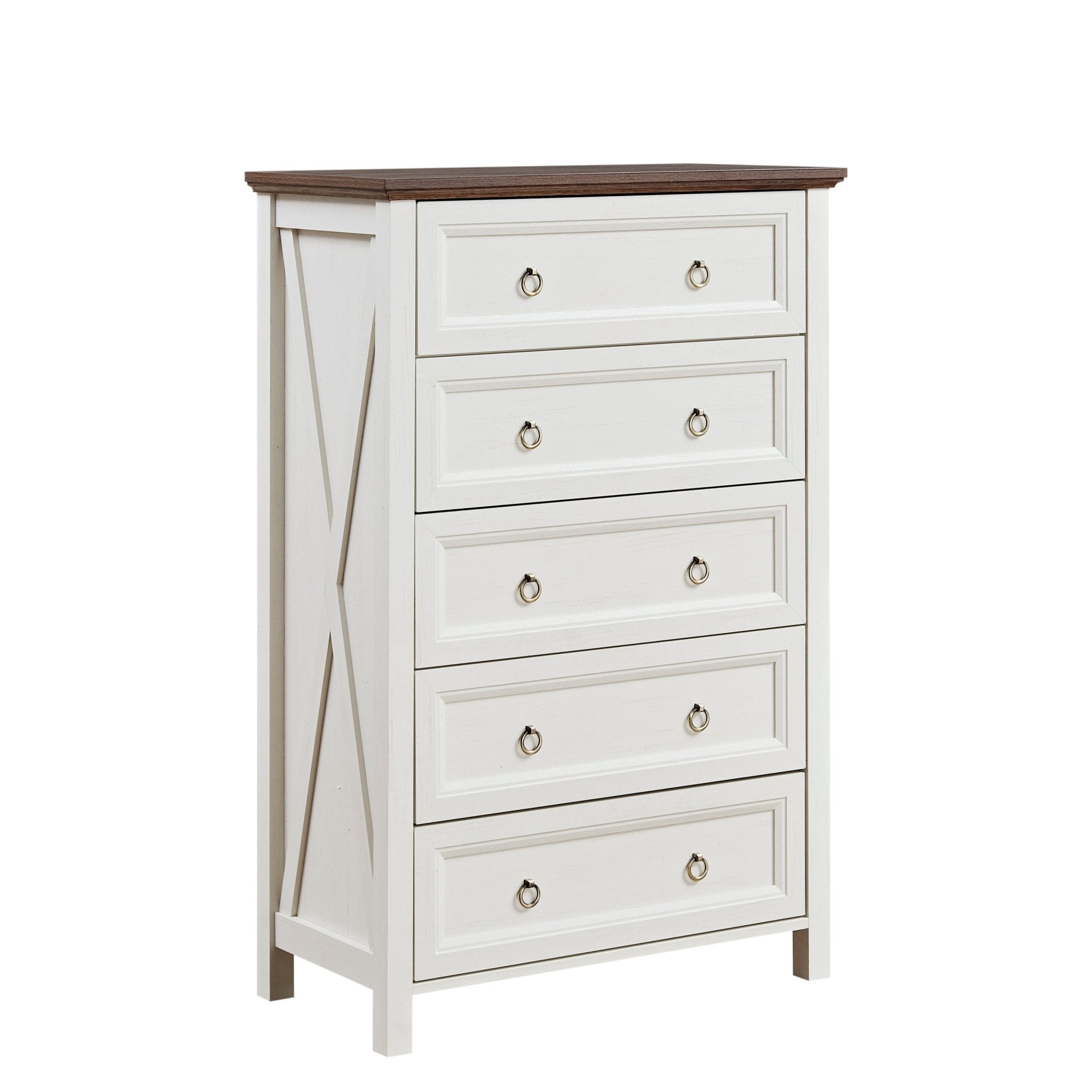 Farmhouse walnut 5-drawer dresser by Anthony & Home, showcasing rustic wood finish and elegant storage design.