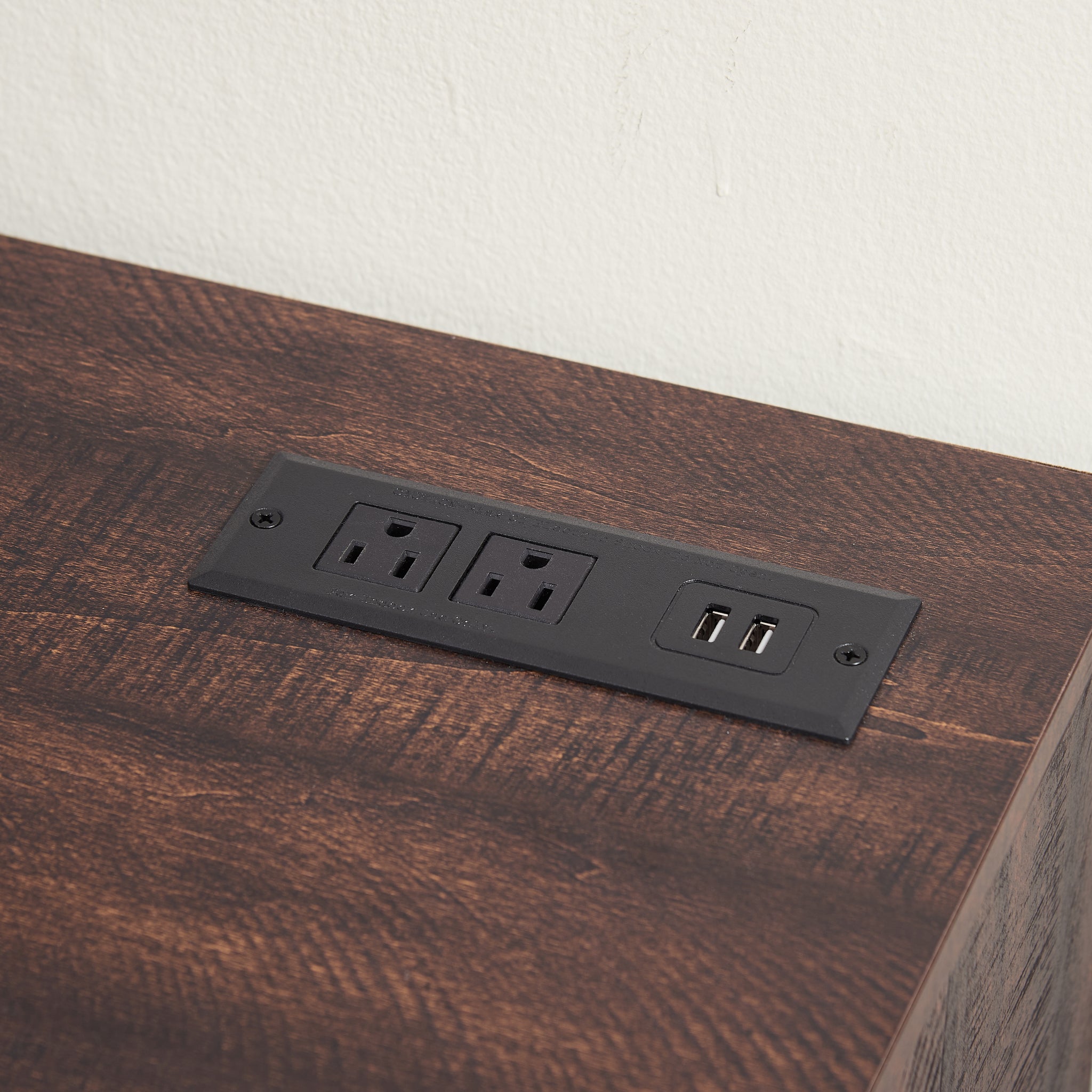 Anthony & Home electric fireplace TV stand with glass shelves, LED lighting, USB outlet, in the Studio Collection.