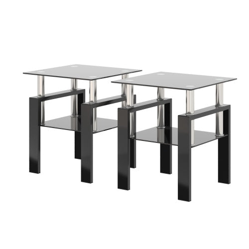 Set of 2 Modern Tempered Glass Tea Coffee End Tables Black