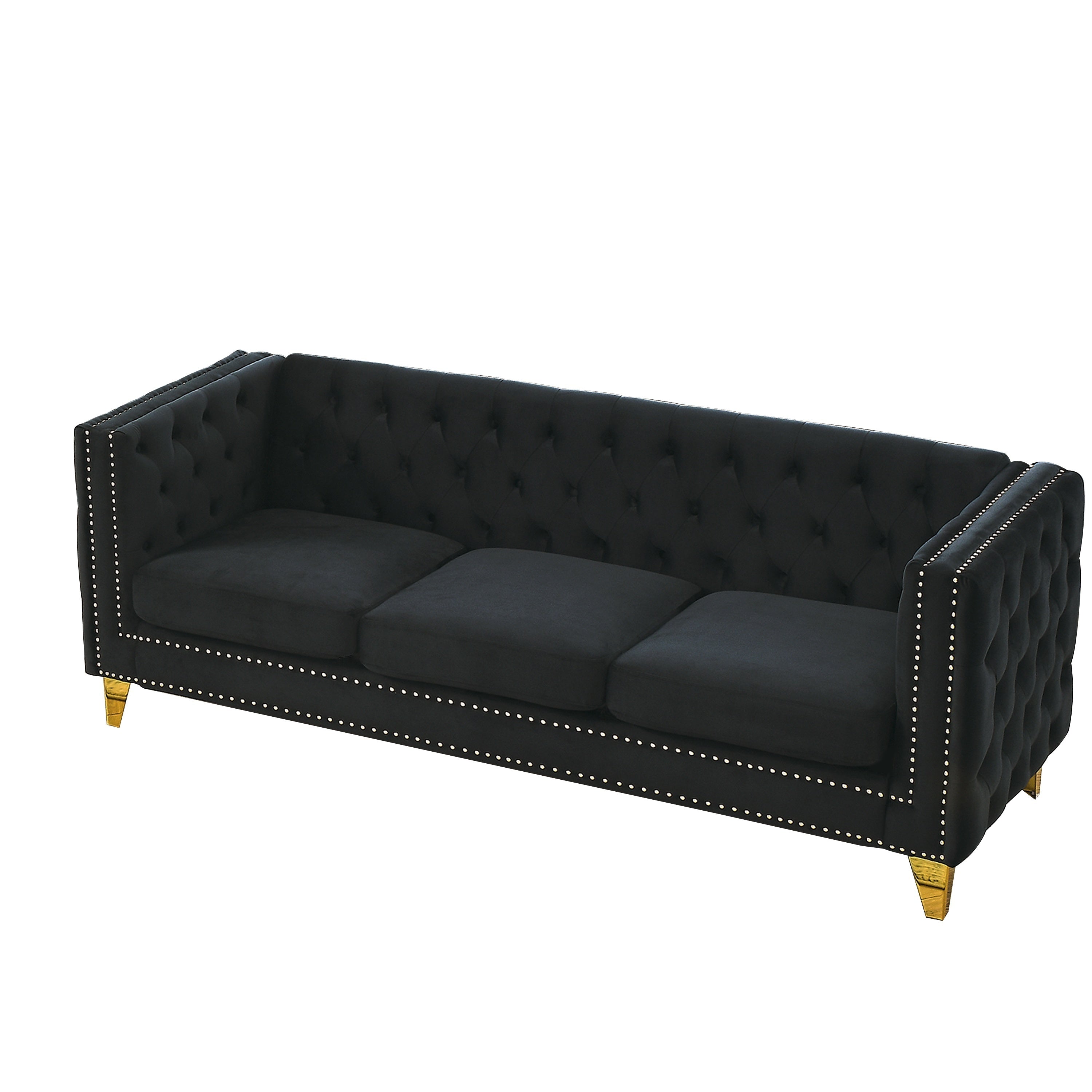 Modern black velvet 3-seater sofa with button tufting, metal legs, and solid wood frame, perfect for living room or bedroom decor.