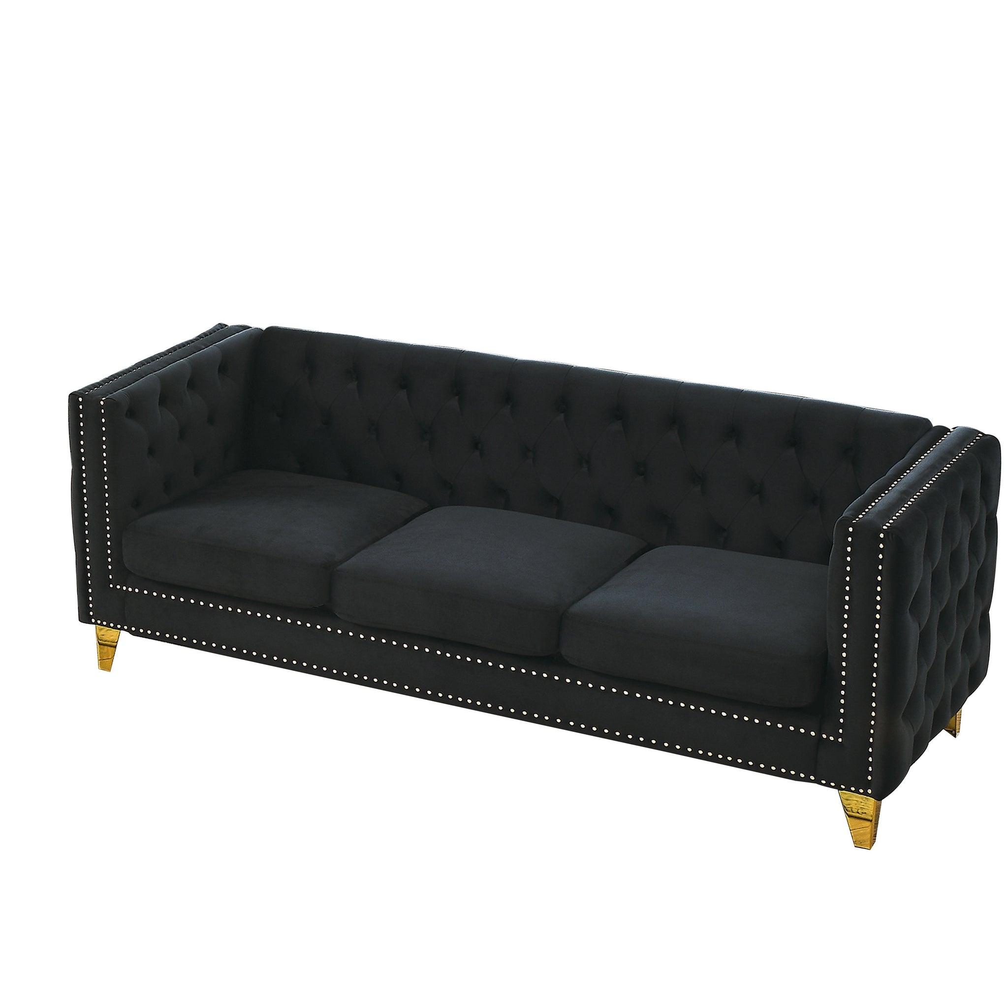 Black Atelier Velvet Tufted 3-Seater Sofa with metal legs by Anthony & Home, showcasing plush velvet upholstery and modern design.