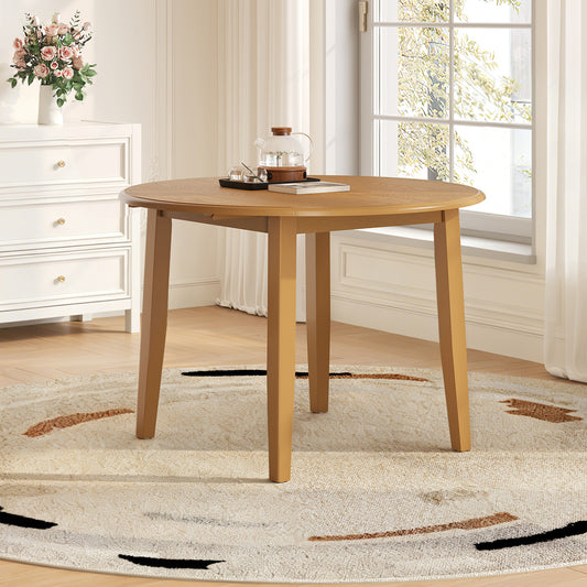 Extendable round solid wood dining table by Anthony & Home, showcasing a sturdy, natural finish and smooth extendable mechanism.