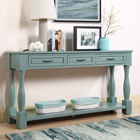 Anthony & Home Atelier solid walnut console table, 63-inch with 3 drawers and shelf, featuring retro blue finish and easy assembly