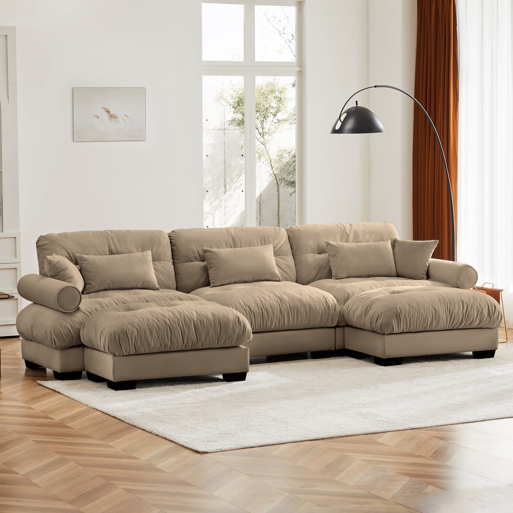 Anthony & Home Atelier Camel Velvet U-Shape Modular Sectional sofa with plush velvet cushions and modern design.