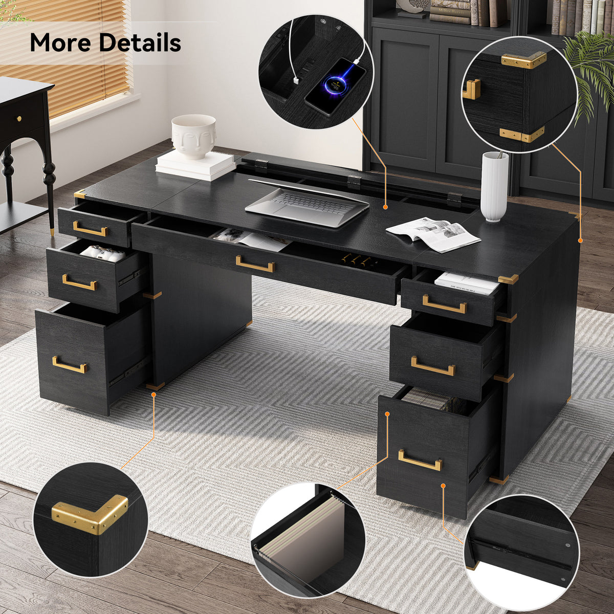 Close-up of Anthony & Home Executive Desk with Signature Metal Edge Trim, showcasing sleek metal accents on the desk surface.