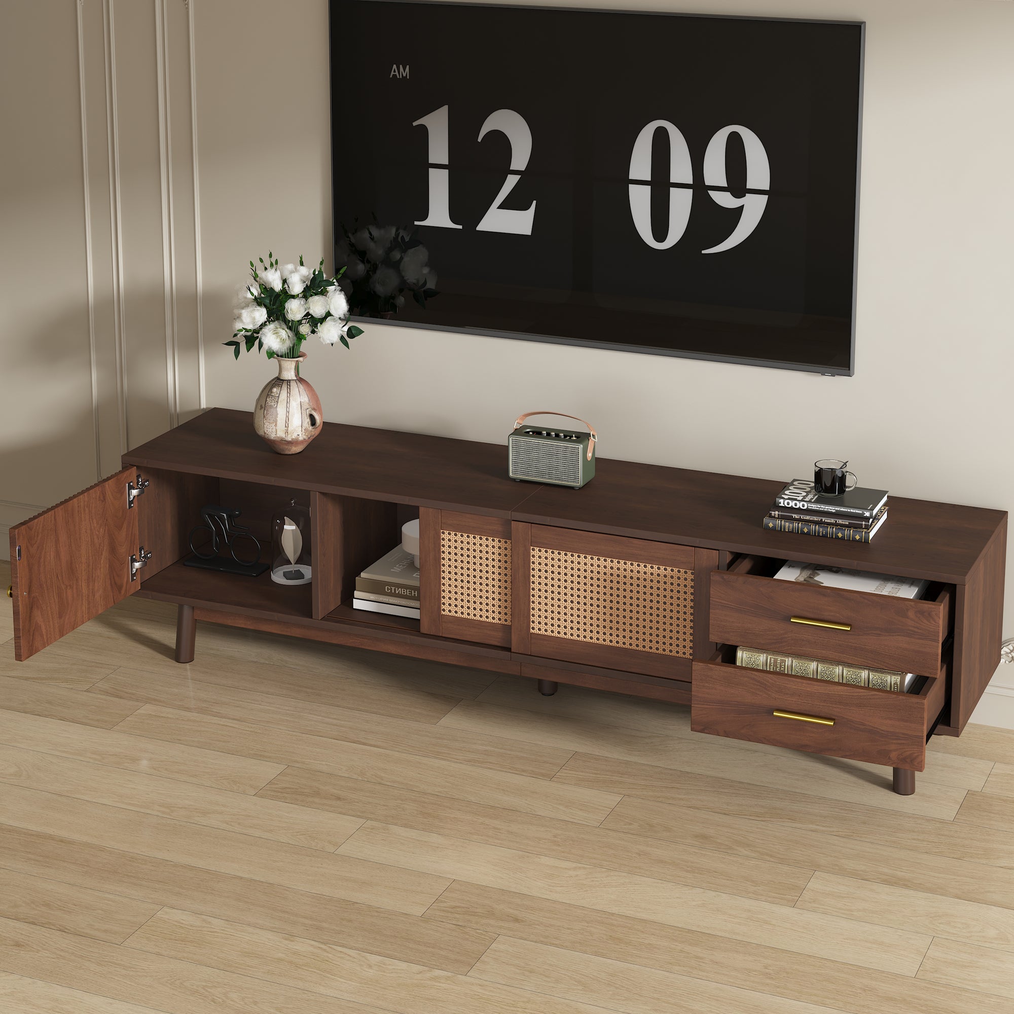 Dark brown solid wood Heritage Collection TV stand by Anthony & Home, featuring a sleek design and ample storage space.