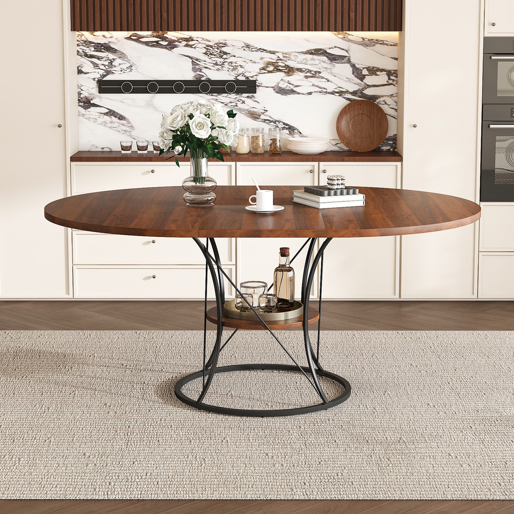 Anthony & Home studio round extendable dining table made of solid wood, showcasing its smooth surface and extendable design.
