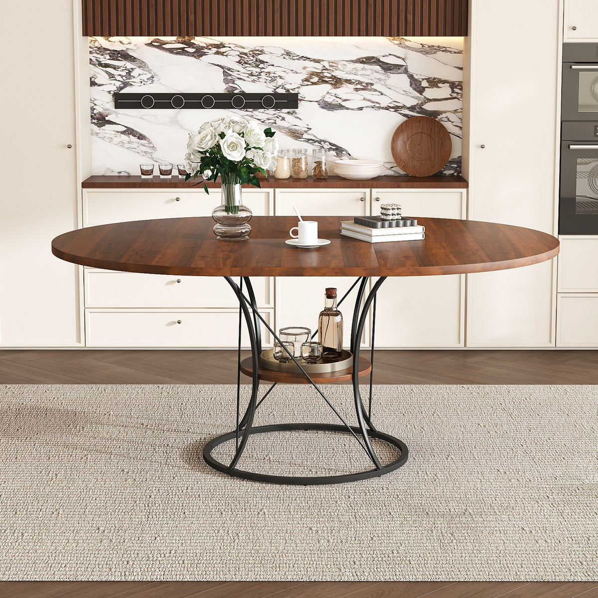 Anthony & Home studio round extendable dining table made of solid wood, showcasing its smooth surface and extendable design.