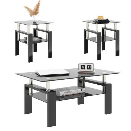 Set of 2 Modern Tempered Glass Tea Coffee End Tables Black