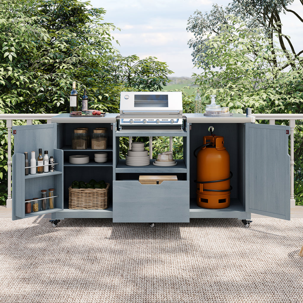 Solid wood outdoor kitchen island for Big Green Egg by Anthony & Home, featuring spacious workspace and storage for outdoor cooking.