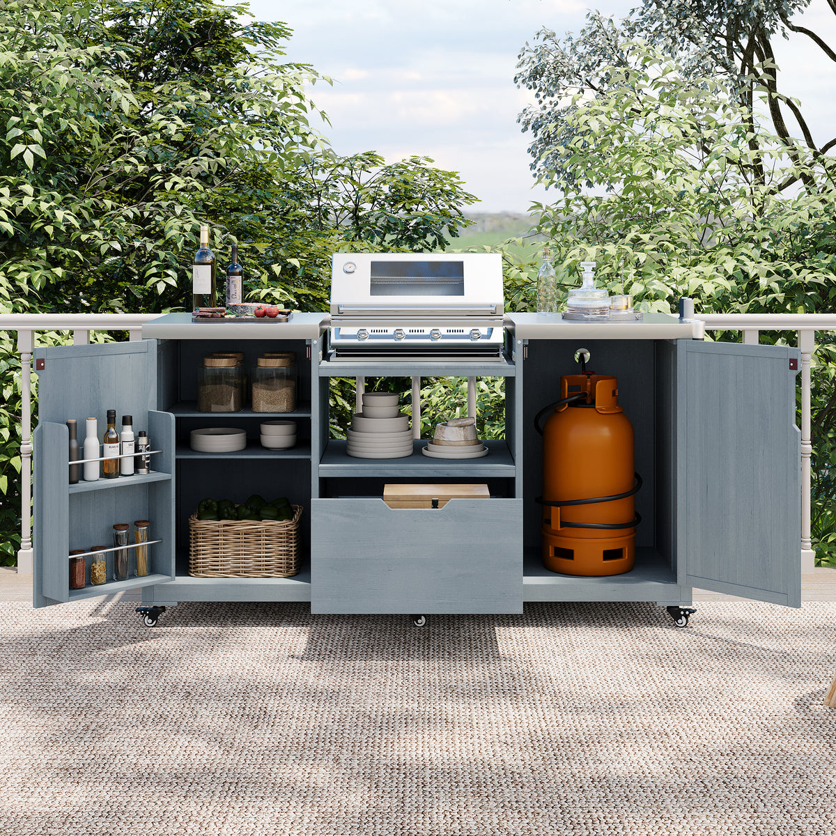 Solid wood outdoor kitchen island for Big Green Egg by Anthony & Home, featuring spacious workspace and storage for outdoor cooking.