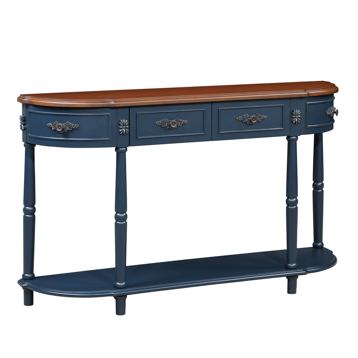 Solid wood half moon console table from the Studio Collection by Anthony & Home, featuring a sleek curved design and natural wood finish.
