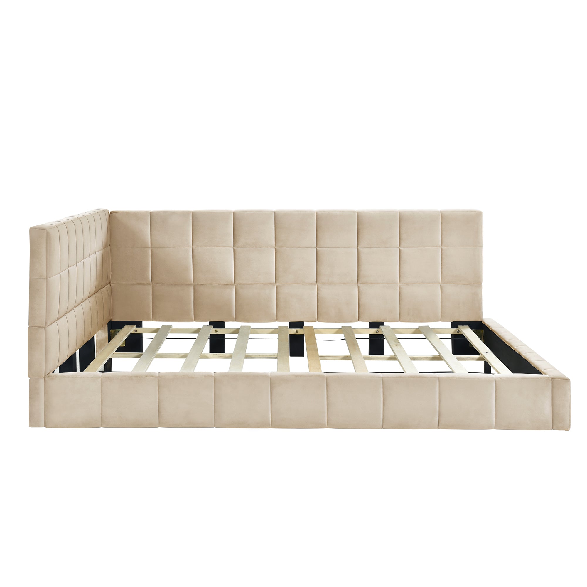 Velvet beige full size daybed frame from the Atelier Collection by Anthony & Home, featuring a sleek, modern design with plush upholstery.