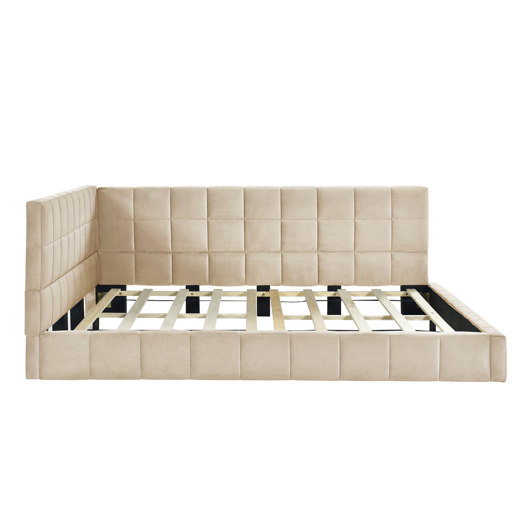 Velvet beige full size daybed frame from the Atelier Collection by Anthony & Home, featuring a sleek, modern design with plush upholstery.