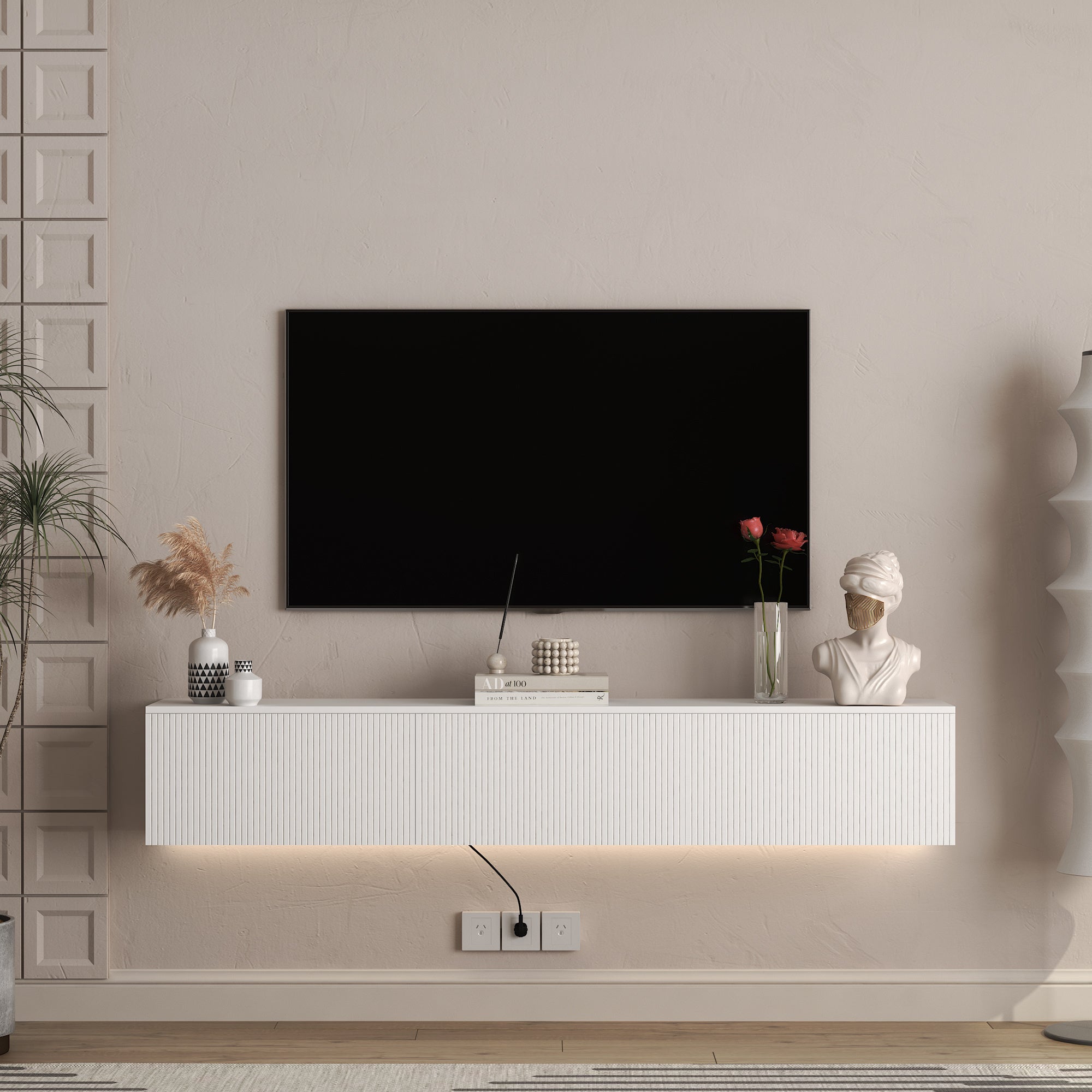 Floating White TV Stand Wall Mount With 16 Color LEDs