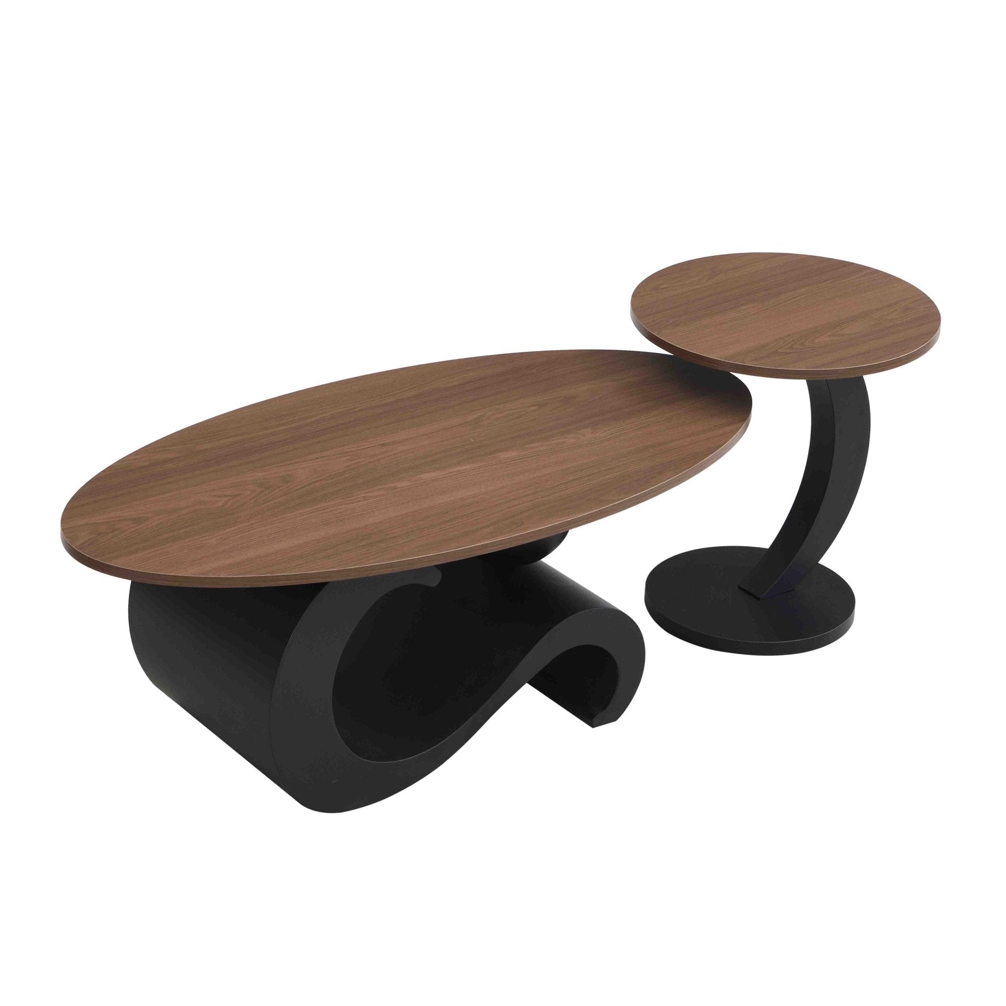 Set of two black MDF nesting coffee tables with metal bases from Anthony & Home, modern and stylish living room accent furniture.