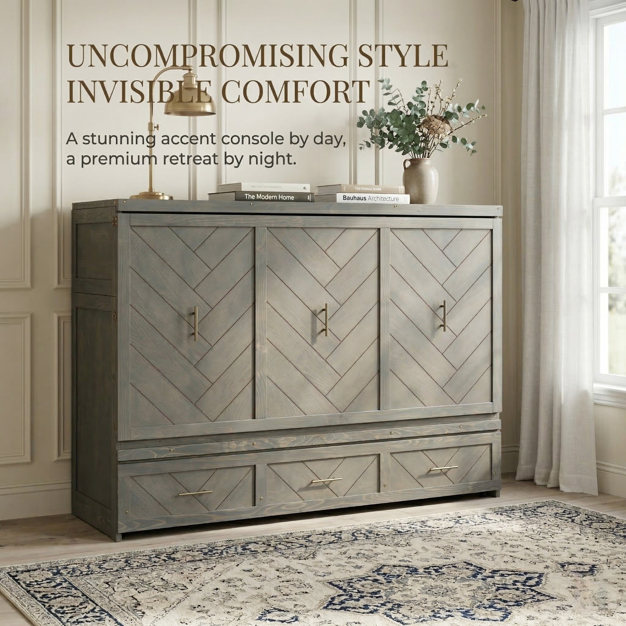 Queen Murphy bed in grey pine cabinet with geometrical panel, USB charging, from Anthony & Home Studio Collection.