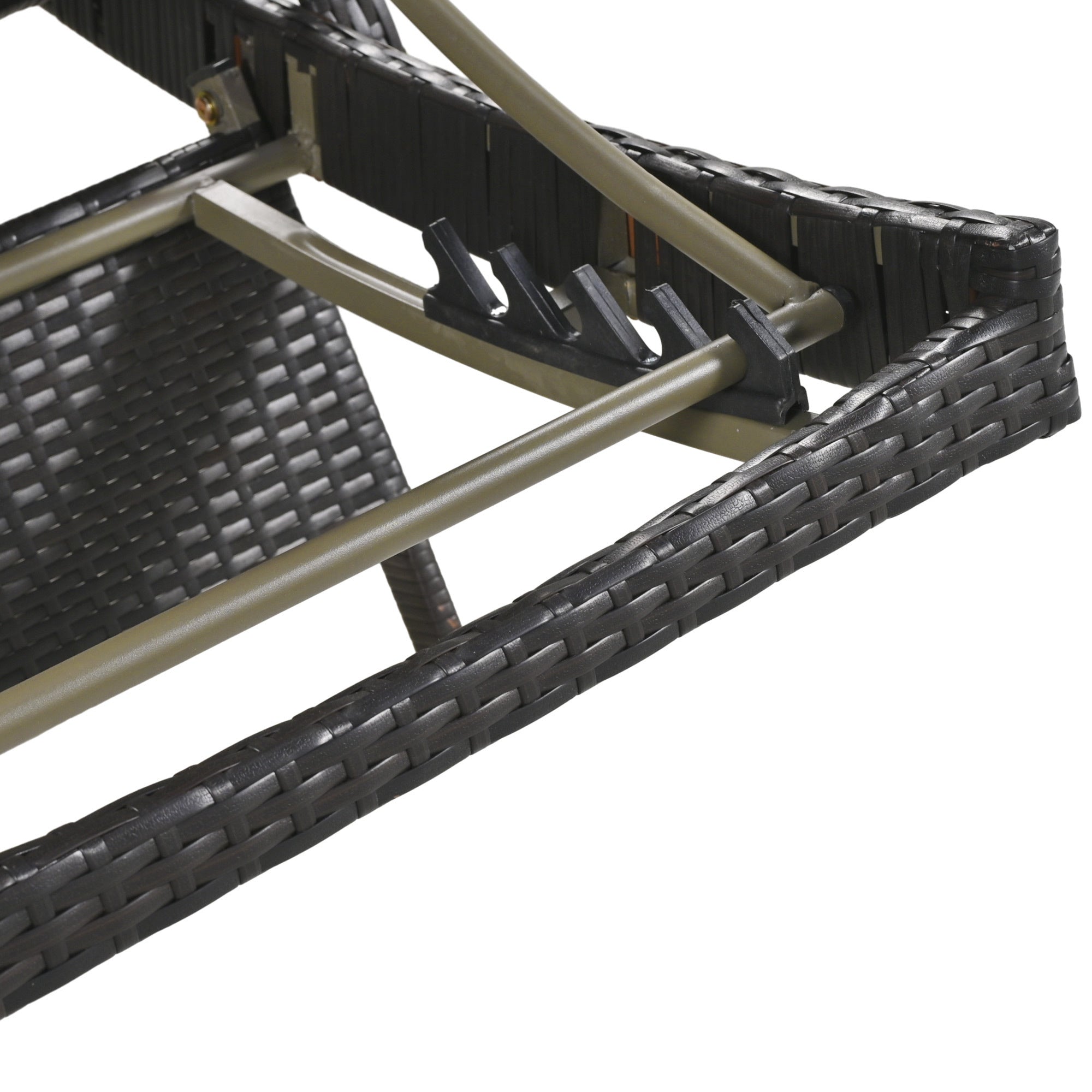 Anthony & Home outdoor wicker chaise lounges set with adjustable backrests and pull-out side table in dark brown.