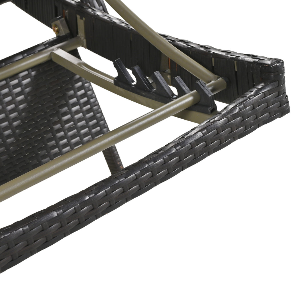Anthony & Home outdoor wicker chaise lounges set with adjustable backrests and pull-out side table in dark brown.