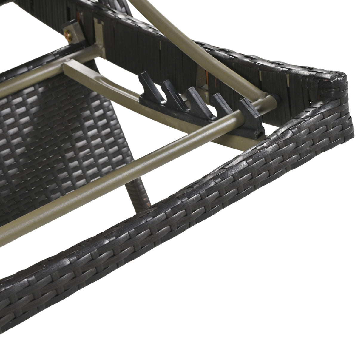 Anthony & Home outdoor wicker chaise lounges set with adjustable backrests and pull-out side table in dark brown.