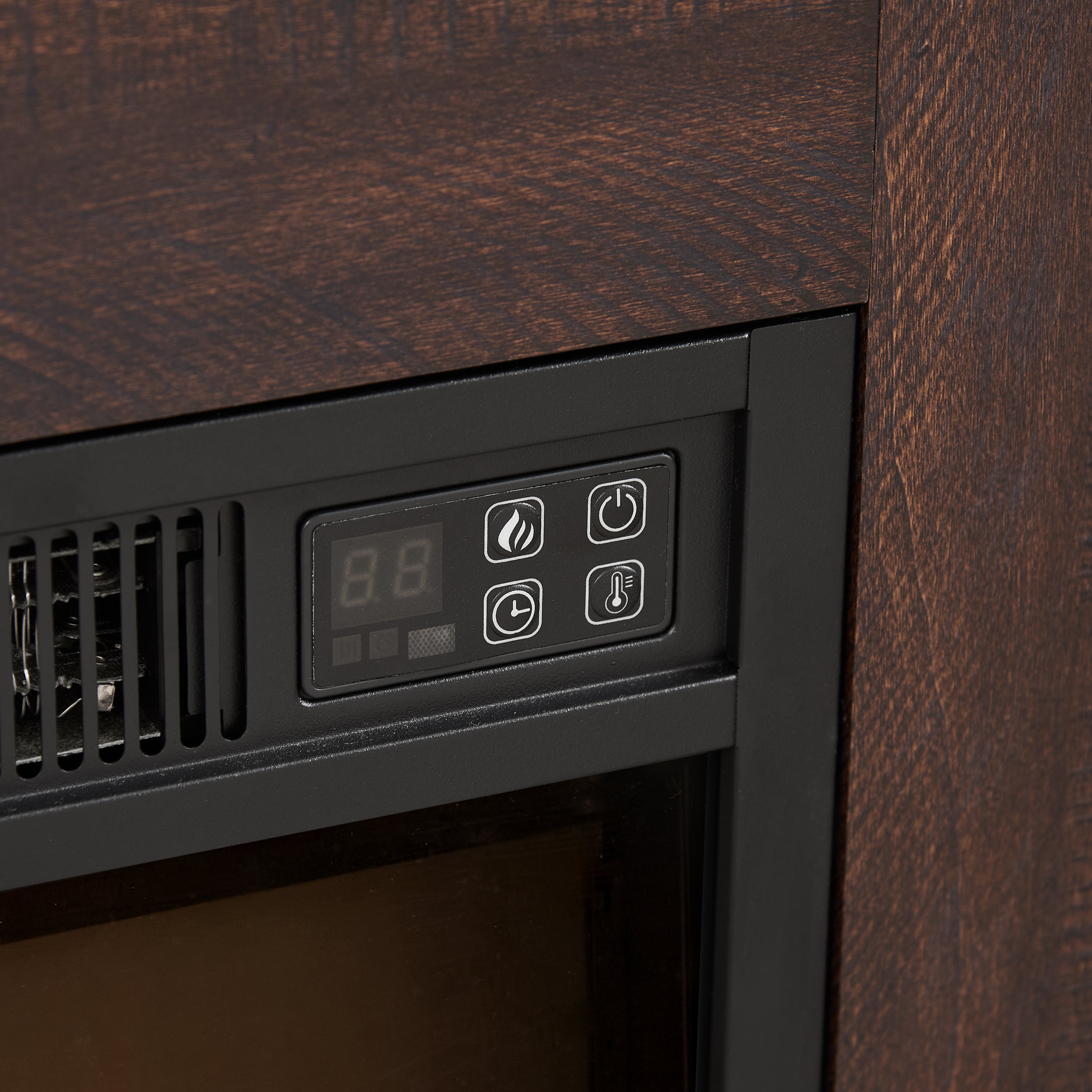 Anthony & Home electric fireplace TV stand with glass shelves, LED lighting, USB outlet, sleek studio collection design