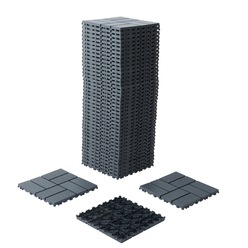 Grey polypropylene interlocking deck tiles, 44-pack, 12x12 inches, by Anthony & Home, shown assembled on outdoor flooring surface.