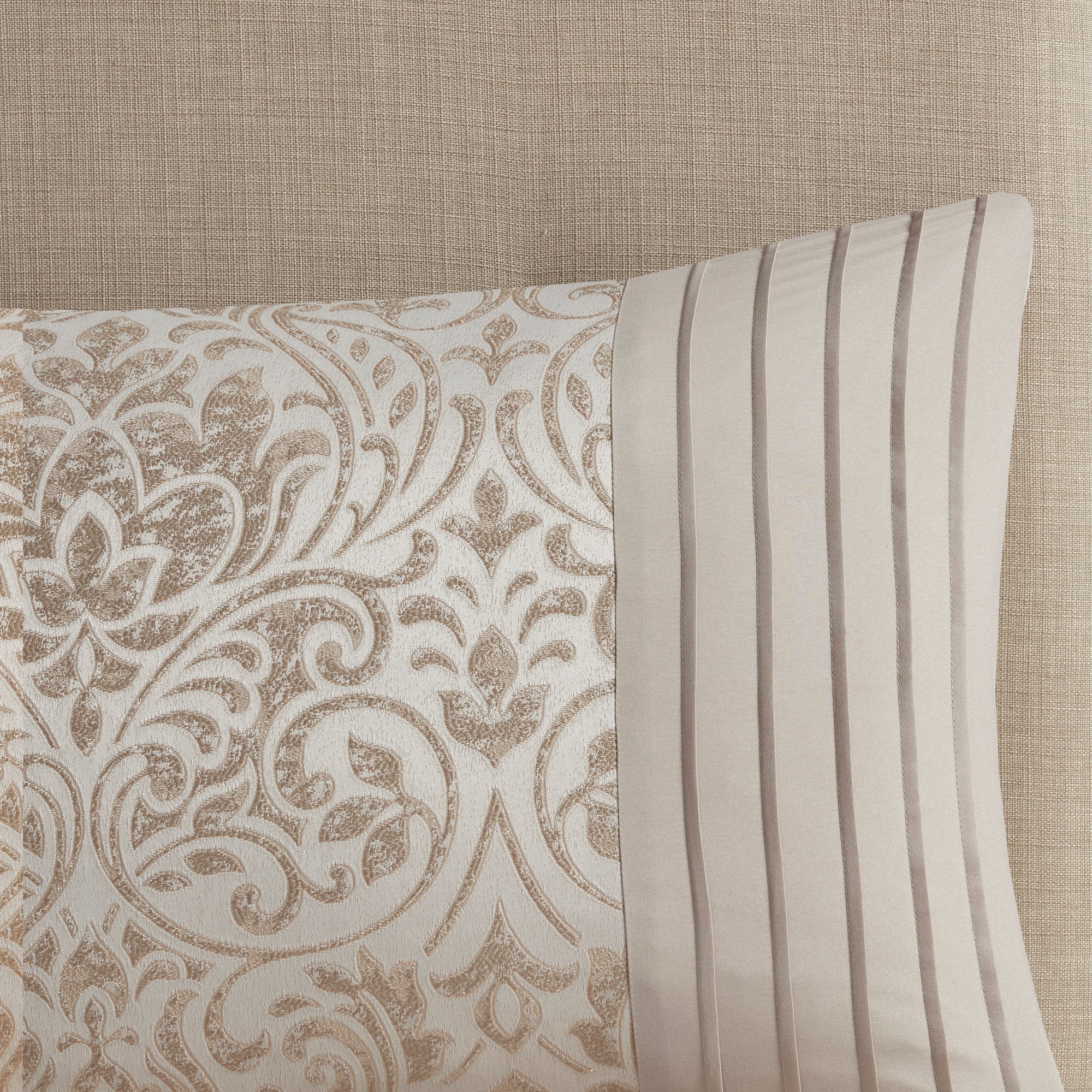 Emilia Jacquard Comforter Set in khaki with gold thread, queen size, by Anthony & Home, featuring elegant woven pattern.