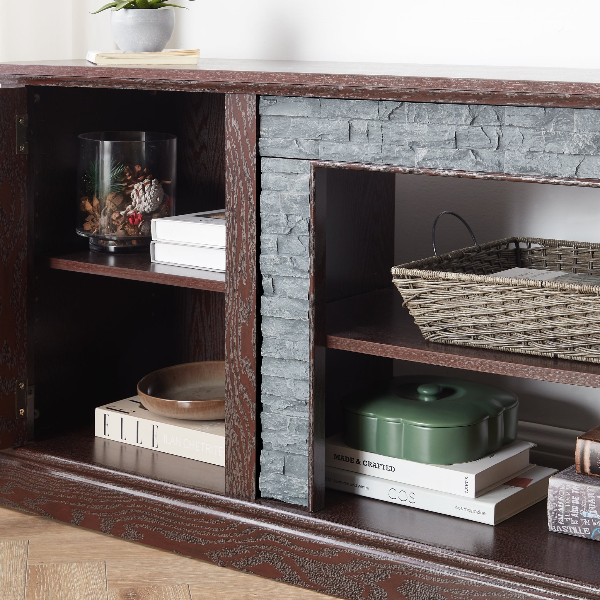 Anthony & Home Atelier TV stand with faux stone cabinet, 2-door media console and large entertainment center for modern living rooms.
