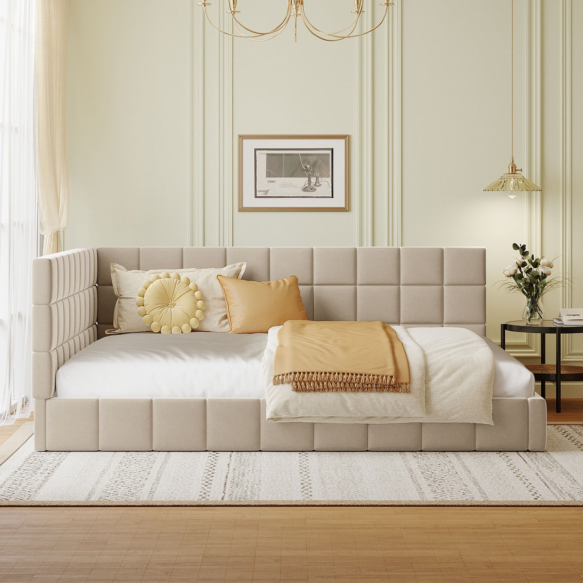 Beige velvet full-size daybed frame from Anthony & Home's Atelier Collection, featuring a stylish and modern design with a sturdy wooden base.