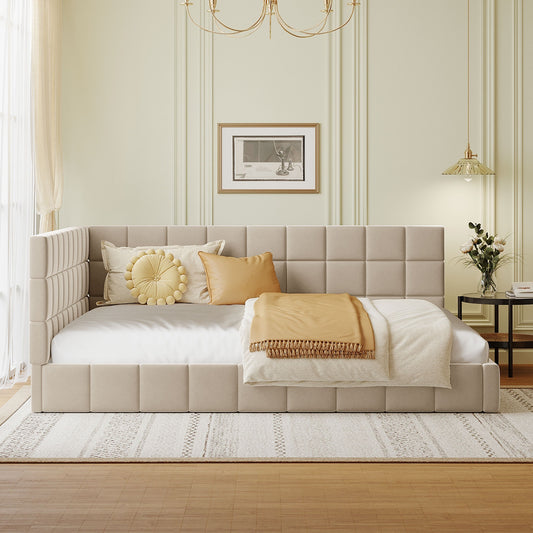 Beige velvet full-size daybed frame from Anthony & Home's Atelier Collection, featuring a stylish and modern design with a sturdy wooden base.