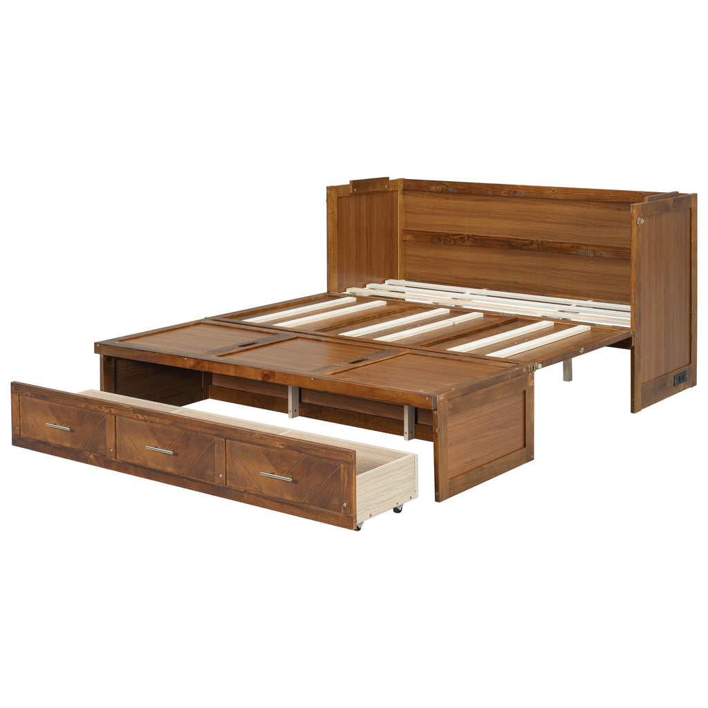 Queen size Walnut Murphy bed cabinet with geometric panel, USB charging station, from Anthony & Home Studio Collection