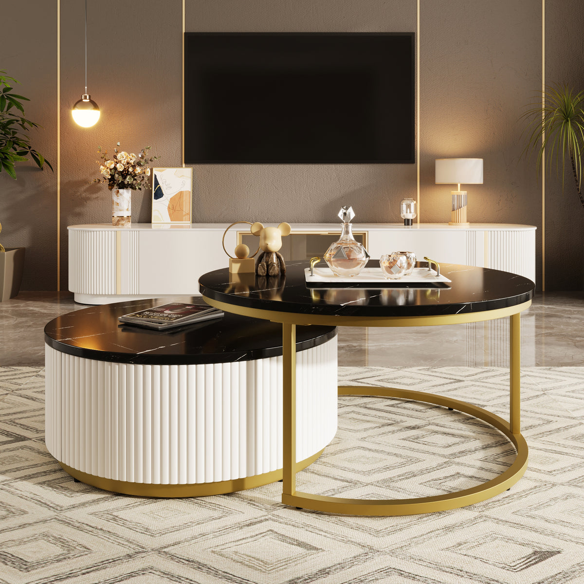Anthony & Home Atelier Fluted Brass Round Nesting Coffee Table with Drawer, showcasing a stylish brass finish and elegant design.